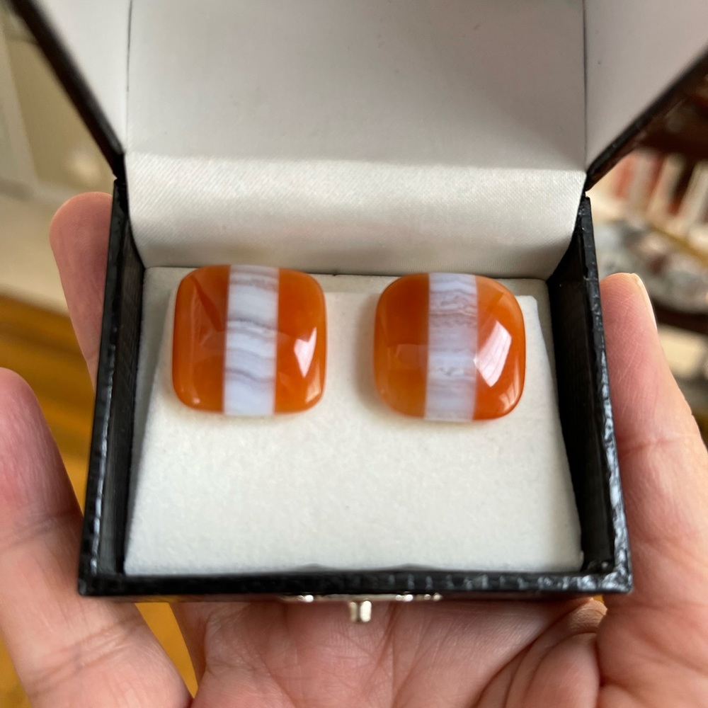Genuine carnelian and lace agate clip on earrings